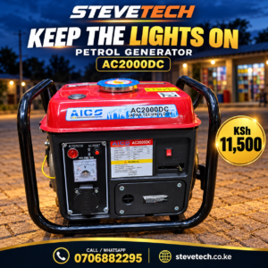 SteveTech AC2000DC petrol generator priced KSh 11,500 in an outdoor shop setting at dusk.
