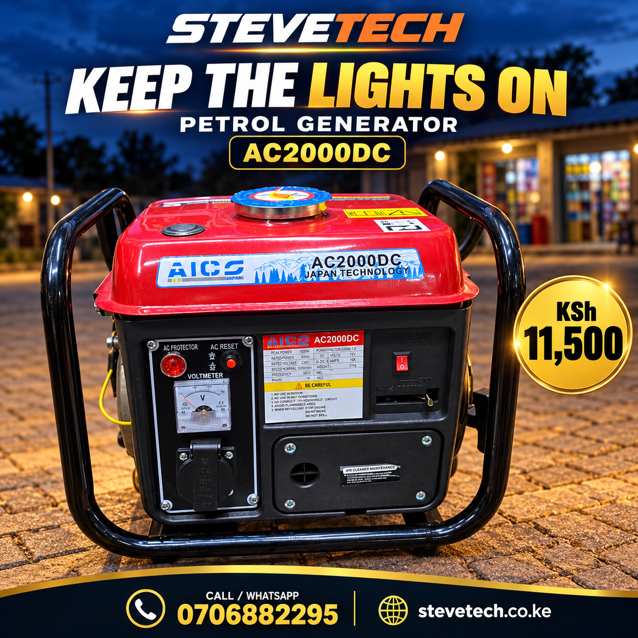 AC2000DC Petrol Generator 1 SteveTech AC2000DC petrol generator priced KSh 11,500 in an outdoor shop setting at dusk.