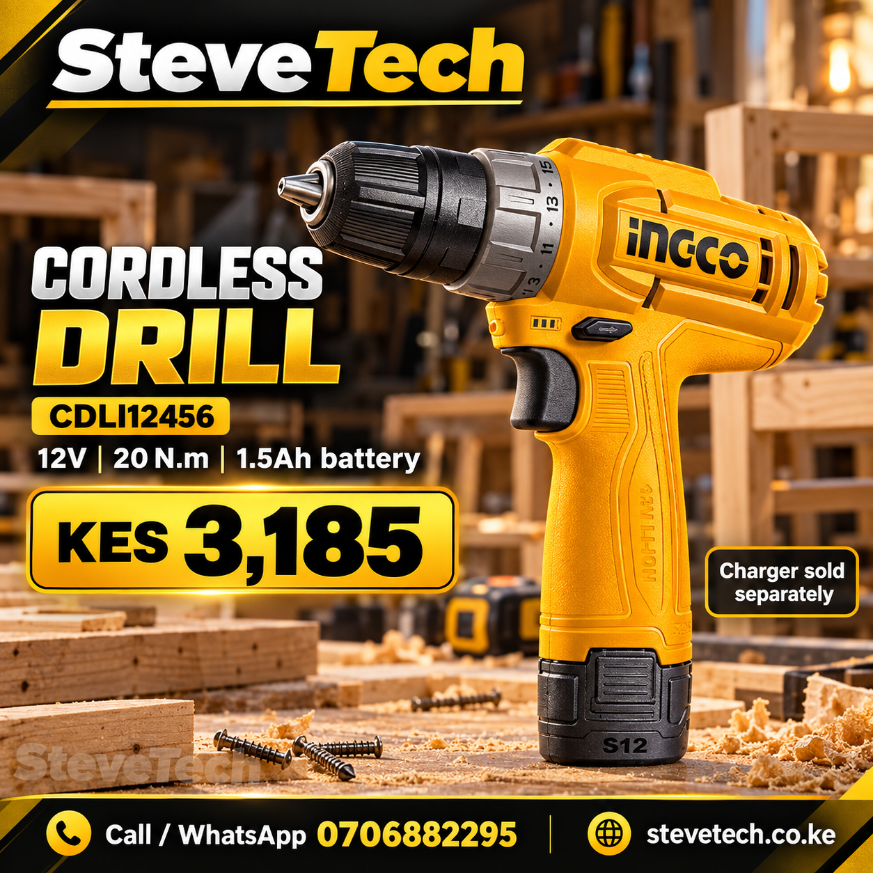 INGCO CDLI12456 12V Cordless Drill 1 INGCO CDLI12456 12V Cordless Drill – SteveTech poster with price KES 3,185