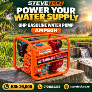 SteveTech AMP50H 8HP petrol water pump, priced KSh 26,000, shown beside a farm irrigation channel.