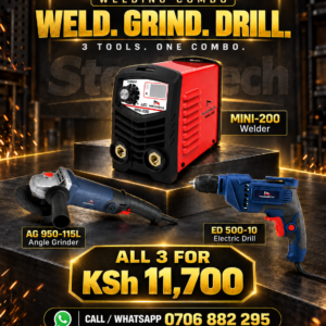 SteveTech welding combo: MINI-200 welder, AG 950-115L angle grinder and ED 500-10 electric drill for KSh 11,700.