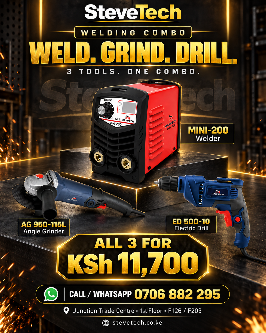 Welding Tool Combo: Welder, Grinder & Drill — KSh 11,700 1 SteveTech welding combo: welder, angle grinder and electric drill for KSh 11,700.