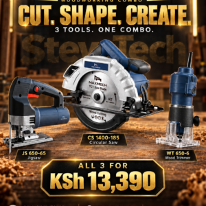 SteveTech woodworking combo: CS 1400-185 circular saw, JS 650-65 jigsaw and WT 650-6 wood trimmer for KSh 13,390.