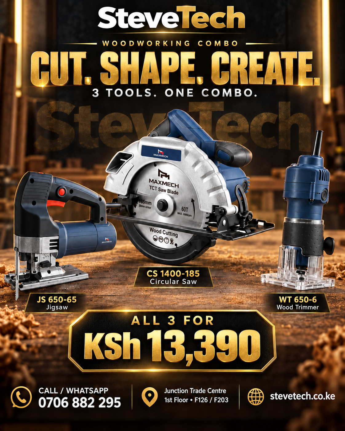 Woodworking Tool Combo: Saw, Jigsaw & Trimmer — KSh 13,390 1 SteveTech woodworking combo: circular saw, jigsaw and wood trimmer for KSh 13,390.